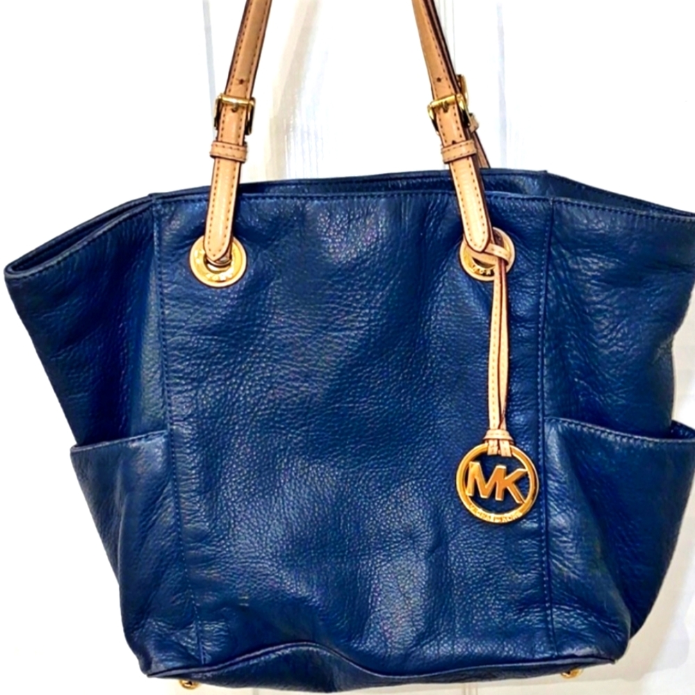 Michael Kors Womens Jet Set Top-Zip Tote Bag Blue Leather Dual Handle